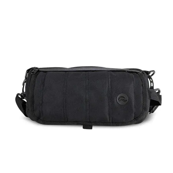 The Skunk Uptown Crossbody Duffle Bag features a black rectangular design, padded front, zipper closure, adjustable shoulder strap, side straps, corner logo, and 100% smell & weather-proof carbon lining.